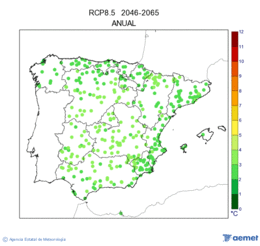 Peninsula and Balearic Islands. Maximum temperature: Annual. Scenario of emisions (A1B) RCP 8.5. Valor medio