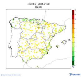 Peninsula and Balearic Islands. Maximum temperature: Annual. Scenario of emisions (A1B) RCP 8.5. Valor medio