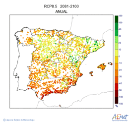 La Pennsula i les Balears. Precipitaci: Anual. Escenari d'emissions mitj (A1B) RCP 8.5. Valor medio