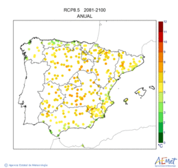 La Pennsula i les Balears. Temperatura mxima: Anual. Escenari d'emissions mitj (A1B) RCP 8.5. Valor medio