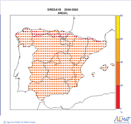 Peninsula and Balearic Islands. Clouds amount: Annual. Scenario of emisions (A1B) A1B. Incertidumbre