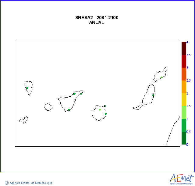 Canarias. Temperatura mnima: Anual. Escenari d'emissions mitj (A1B) A2