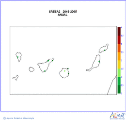 Canarias. Temprature maximale: Annuel. Scnario d?missions moyen (A1B) A2. Incertidumbre