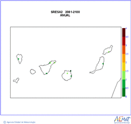 Canarias. Temperatura mxima: Anual. Escenario de emisins medio (A1B) A2. Incertidumbre