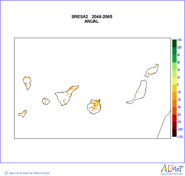 Canarias. Precipitaci: Anual. Escenari d'emissions mitj (A1B) A2