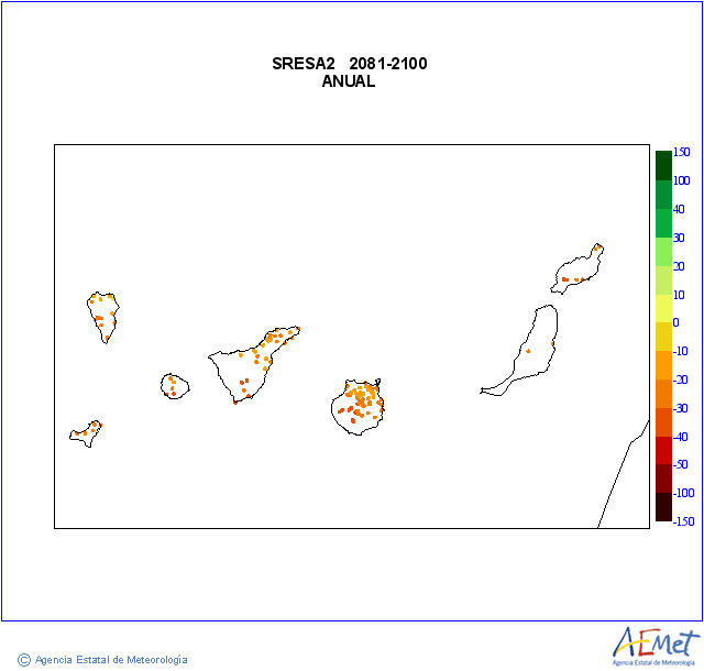 Canarias. Precipitaci: Anual. Escenari d'emissions mitj (A1B) A2