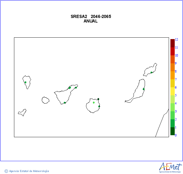 Canarias. Temperatura mnima: Anual. Escenario de emisins medio (A1B) A2