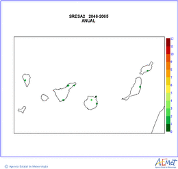 Canarias. Temperatura mxima: Anual. Escenario: A2. Valor medio