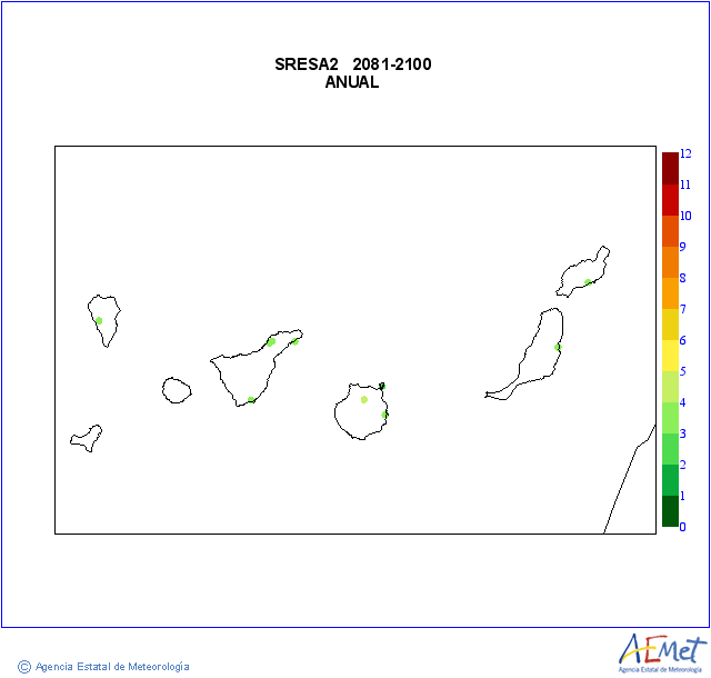 Canarias. Temperatura mxima: Anual. Escenario de emisins medio (A1B) A2