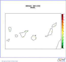 Canarias. Temperatura mxima: Anual. Escenario de emisins medio (A1B) A2. Valor medio