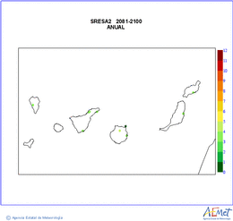 Canarias. Temperatura mxima: Anual. Escenari d'emissions mitj (A1B) A2. Valor medio