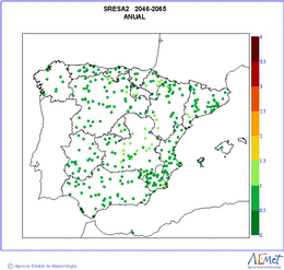 Pennsula e Baleares. Temperatura mxima: Anual. Escenario de emisins medio (A1B) A2. Incertidumbre