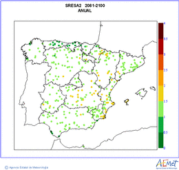 Pennsula e Baleares. Temperatura mxima: Anual. Escenario de emisins medio (A1B) A2. Incertidumbre