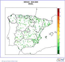 Pennsula e Baleares. Temperatura mxima: Anual. Escenario de emisins medio (A1B) A2. Valor medio