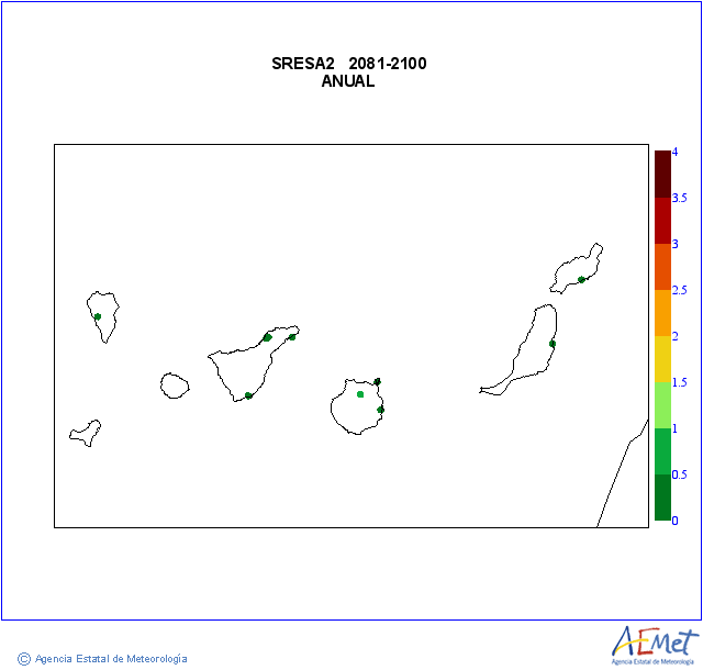 Canarias. Maximum temperature: Annual. Scenario of emisions (A1B) A2