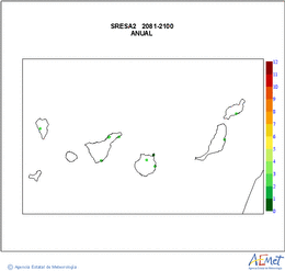 Canarias. Temperatura mnima: Anual. Escenari d'emissions mitj (A1B) A2. Valor medio