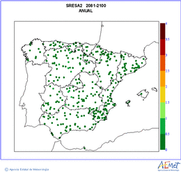 Peninsula and Balearic Islands. Minimum temperature: Annual. Scenario of emisions (A1B) A2. Incertidumbre