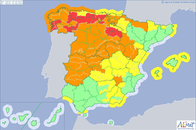 Avisos en vigor el día 10. Los rojos corresponden a avisos de rachas de viento