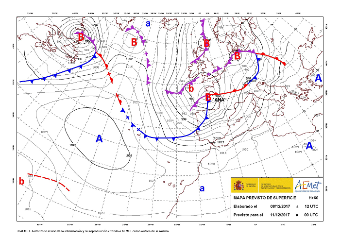 Mapa de superficie del día 8 de diciembre a las 12 UTC previsto para el día 11 a las 00 UTC en el que aparece, por vez primera, nombrada una borrasca profunda, la borrasca Ana