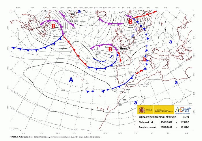 Mapa previsto de superficie elaborado el día 25 a las 12 UTC para el 26 a la misma hora, mostrando a Bruno al SW de Irlanda