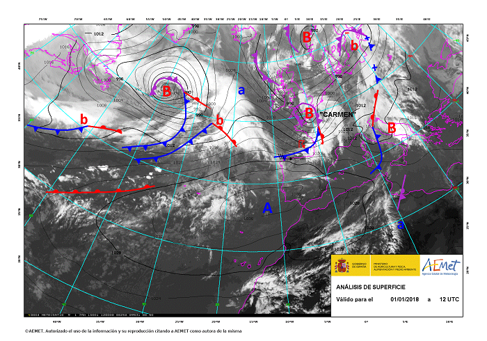 Borrasca Carmen el día 1 de enero a las 12 UTC