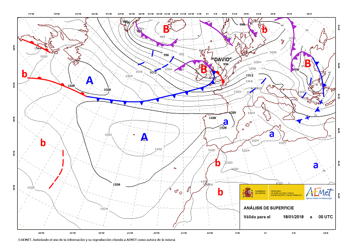 La borrasca David, cuarta con nombre de la temporada, el día 18 de enero a las 00 UTC