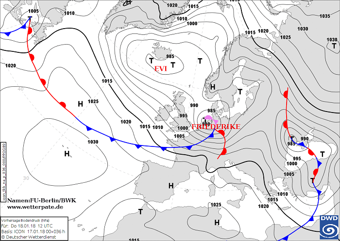 La borrasca David vista en los mapas del Servicio Meteorológico de Alemania (DWD), con el nombre de Friederike