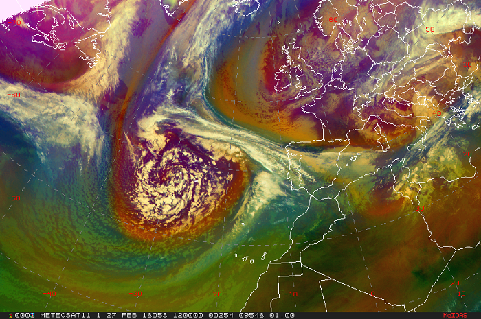 La borrasca Emma, imagen RGB de masas de aire del día 27 de febrero de 2018 a las 12 UTC