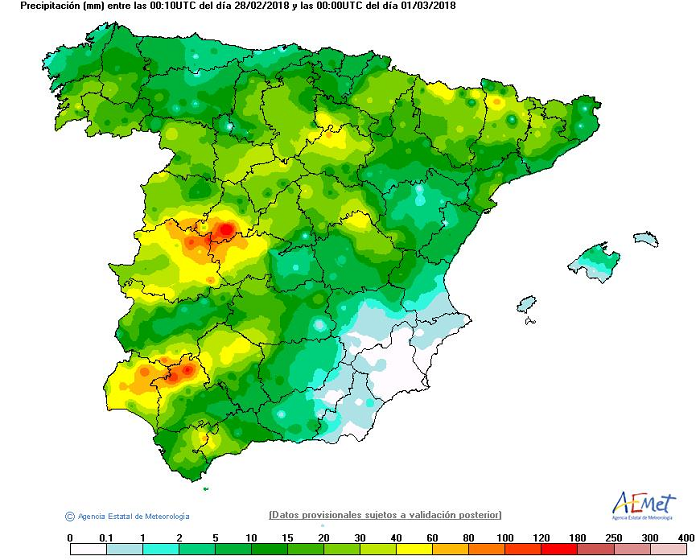 Precipitación recogida durante las 24 horas del día 28 en Península y Baleares