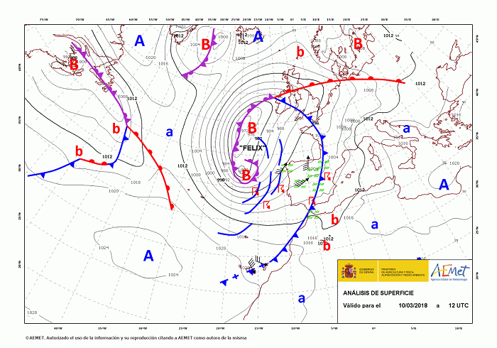 La borrasca Felix el día 10 de marzo de 2018 a las 12 UTC