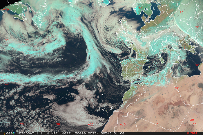 La borrasca Gisele el día 15 de marzo de 2018 a las 15 UTC, con su centro situado algo al oeste de Irlanda