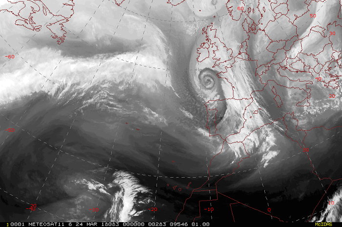 La borrasca Hugo el día 24 de marzo a las 00 UTC, canal de vapor de agua 7.3 del Meteosat