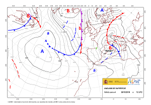 Análisis de superficie de AEMET del día 29 a las 12 UTC