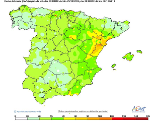 Rachas máximas durante las 24 horas del 29 de octubre