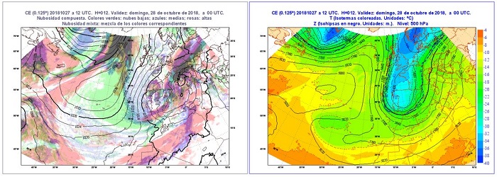 Situación sinóptica en superficie (presión y nubosidad) y en niveles altos (geopotencial y temperatura en 500 hPa) el domingo 28 a las 00 UTC, previamente a la formación de Adrian