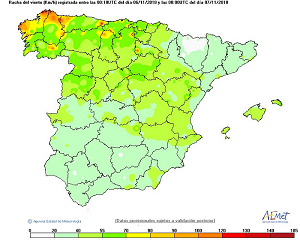 Rachas máximas registradas en Península y Baleares durante las 24 horas del día 6 de noviembre