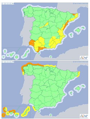 Avisos en vigor el día 18 por lluvias (arriba) y costeros (abajo)