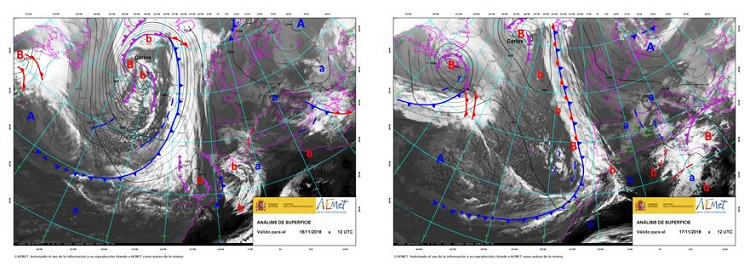 Análisis de superficie los días 16 y 17 a las 12 UTC