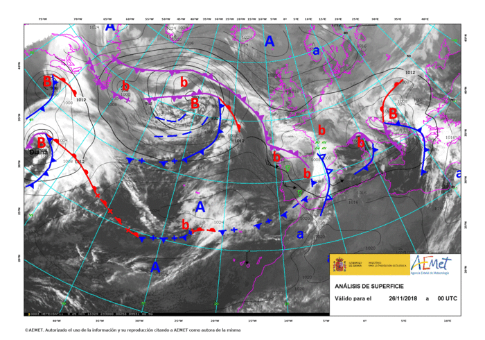 Evolución de Diana entre el día 26 de noviembre a las 00 UTC y el 1 de diciembre a las 12 UTC