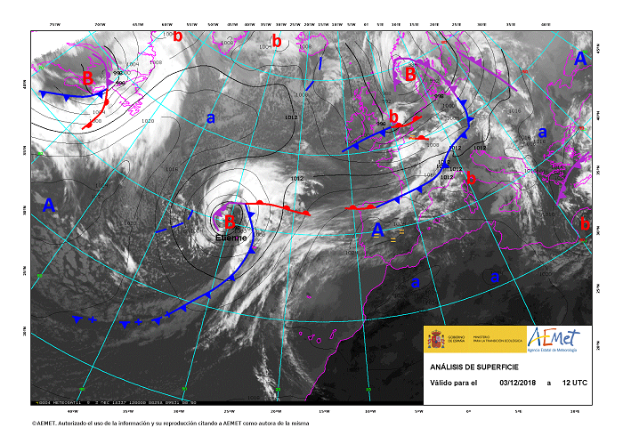 La borrasca Etienne en el momento de su máxima actividad, a mediodía del 3 de diciembre
