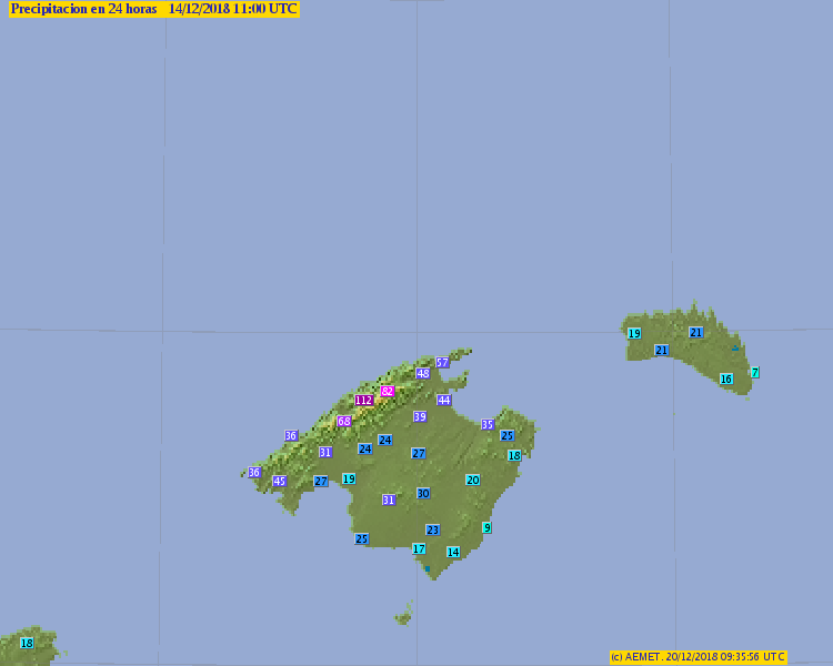 Precipitación recogida en Baleares entre las 11 UTC (12 h.l.) del día 13 y la misma hora del día 14