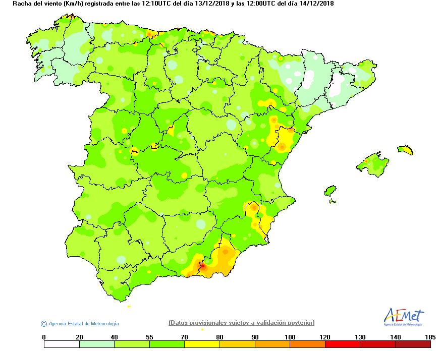 Rachas máximas de viento entre las 12 UTC (13 h. l.) del día 13 y la misma hora del día 14 de diciembre