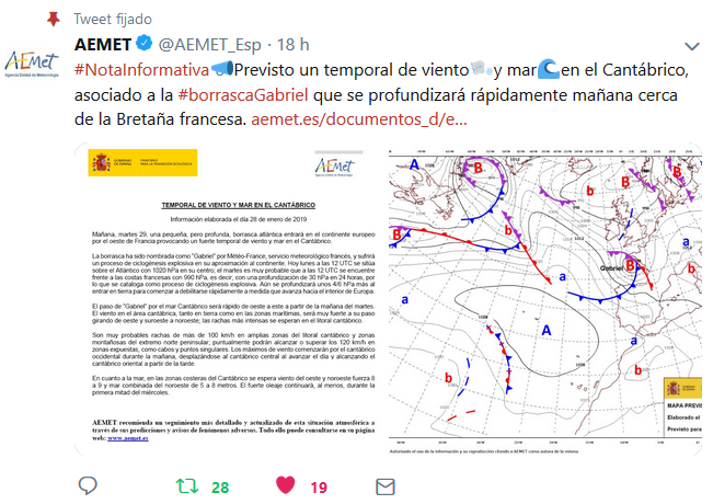 Tuit emitido por AEMET el día 28 de enero en relación a la borrasca Gabriel y a la nota informativa asociada