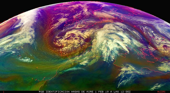 La borrasca Helena, centrada sobre la Península el día 1 a las 12:00 UTC. Imagen RGB de masas de aire