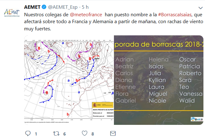 Reflejo en el Twitter de AEMET de la borrasca Isaias