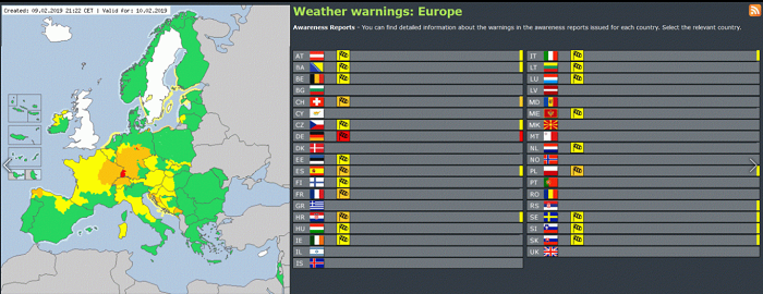 Avisos emitidos en Europa por rachas de viento en vigor el día 10 (Meteoalarm)