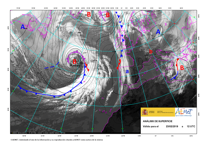 La borrasca Kyllian, en el análisis de superficie de AEMET del 23 de febrero a las 12 UTC