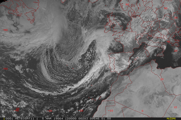 Imagen del canal VIS0.6 de Meteosat del día 5 de marzo a las 12 UTC, con la borrasca Laura al oeste de la Península