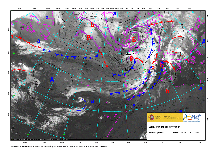 La borrasca Amelie en el momento de su máxima profundización, 3 de noviembre a las 00 UTC