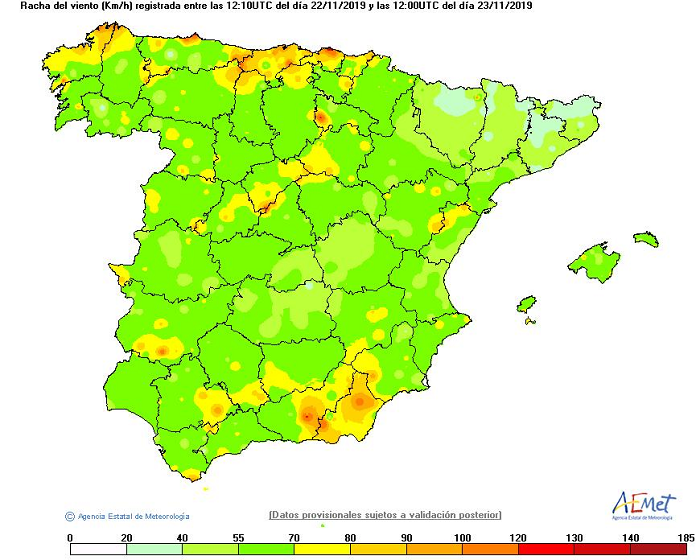 Rachas máximas de viento registradas entre las 12 UTC (13 h.l.) del día 22 y la misma hora del día 23